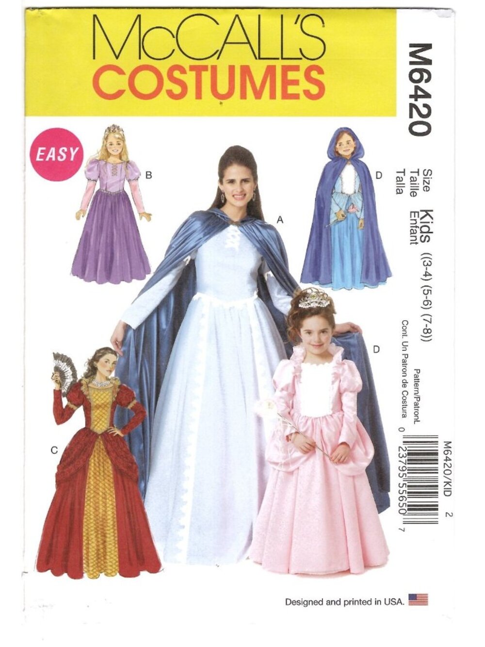 McCalls M6420 Kids Sizes 3 to 8 Princess Gown Cloak Costume Uncut Sewing Pattern